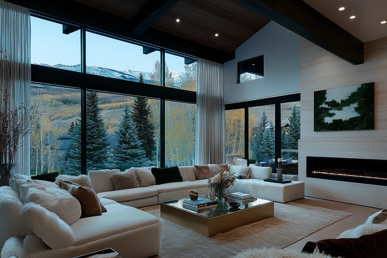 A serene and modern living room in a luxury home in Park City, Utah. Featuring a plush cream-colored sectional sofa with textured throw pillows, a sleek glass coffee table with gold accents, and a soft beige wool rug. The walls are adorned with subtle paneling, and warm lighting highlights the decor. Large floor-to-ceiling windows let in natural light, while sheer curtains diffuse it softly, creating a calming, inviting space