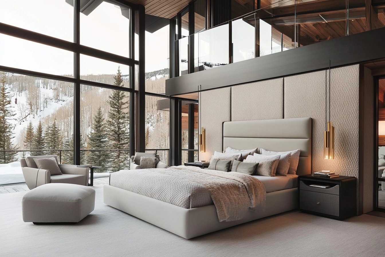 A luxurious bedroom featuring a beige upholstered bed with a tufted headboard, gray stone-textured walls, and gold accents. Sleek pendant lights hang on either side of the bed, complemented by a plush area rug and minimalistic decor for a serene and sophisticated ambiance.