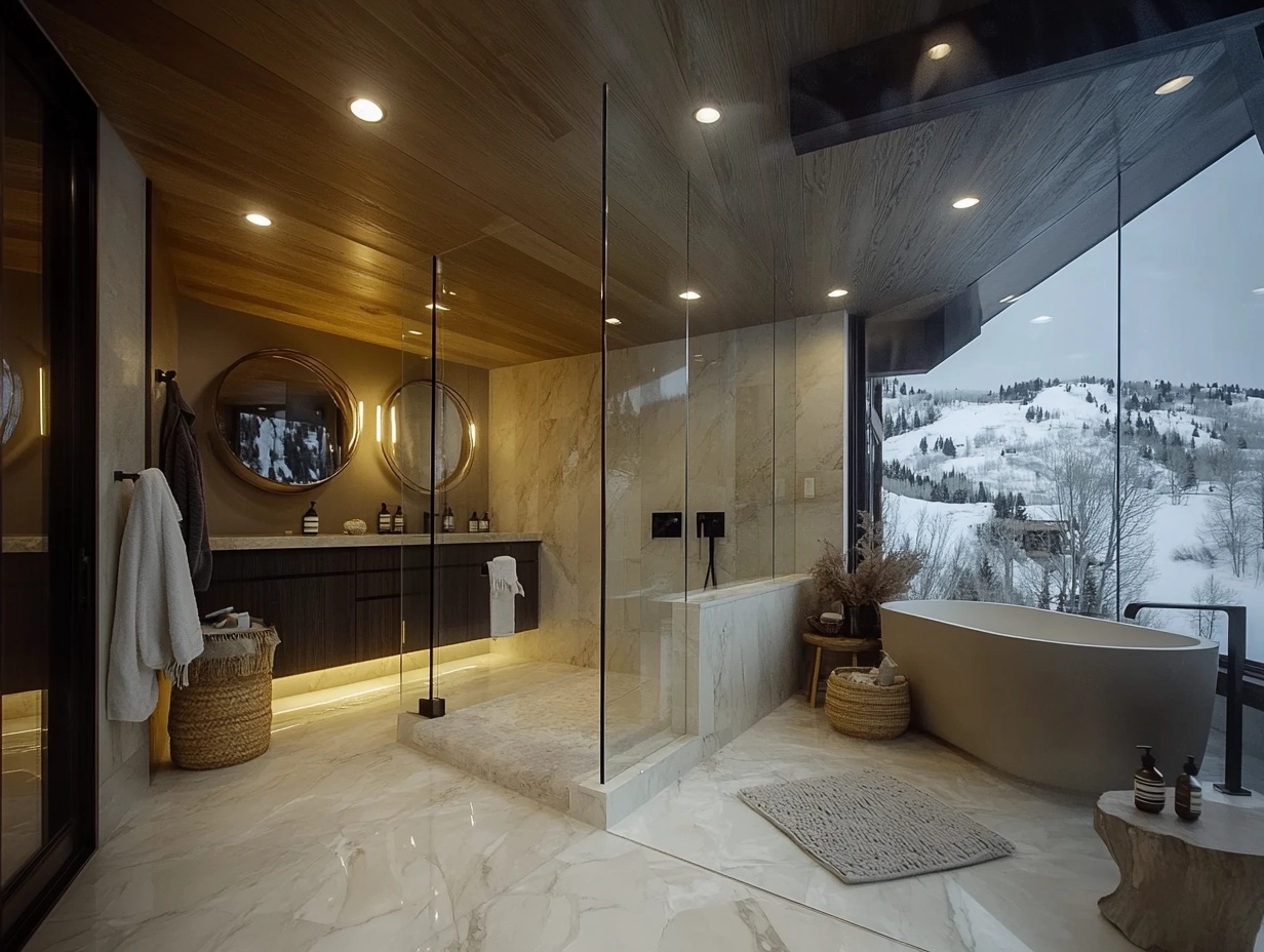 Sophisticated bathroom design with elegant fixtures and marble surfaces.