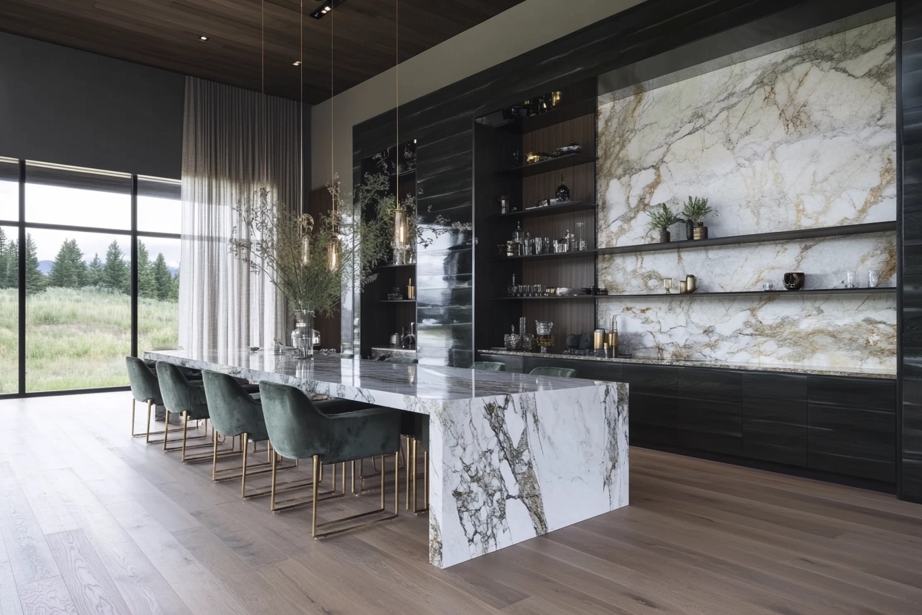 A contemporary living room with a plush beige sofa, glass coffee table, and a textured rug, featuring minimalist decor and warm ambient lighting for a serene atmosphere