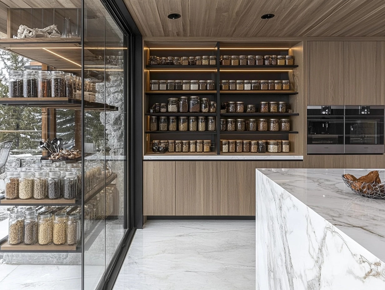 A set of modern acrylic pantry organizers with clear compartments and gold handles, displayed on wooden pantry shelves. The organizers are neatly filled with various pantry items, illuminated by warm natural lighting, creating a clean and sophisticated storage solution for an upscale pantry space.