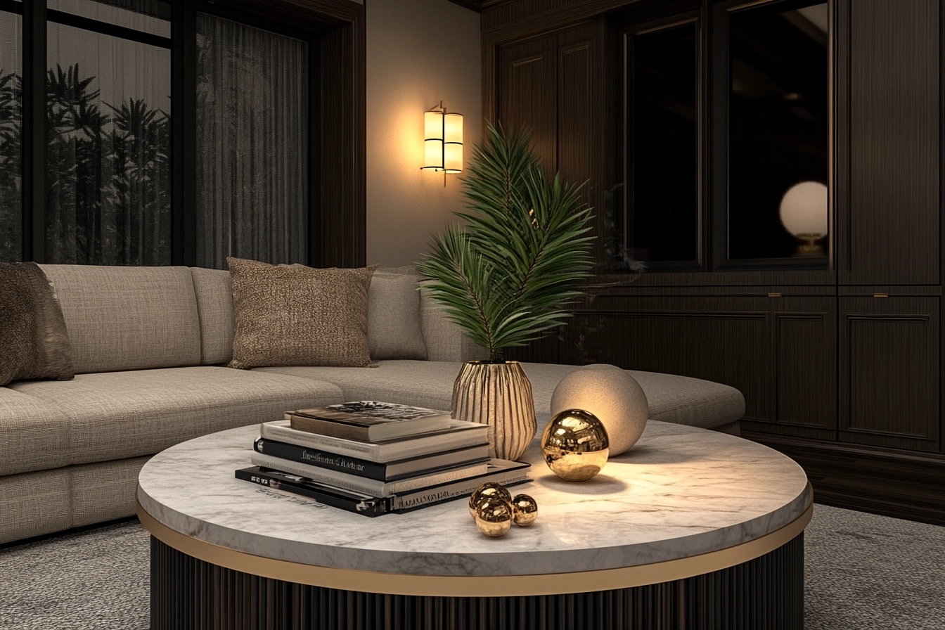 A luxurious coffee table featuring a gray marble tabletop with gold accents, styled with a stack of elegant design books, a small potted plant in a ceramic and gold pot, and a lit candle in a gold-trimmed holder. The background shows a serene living room with a cozy sofa, neutral tones, and warm ambient lighting, creating a harmonious and refined aesthetic