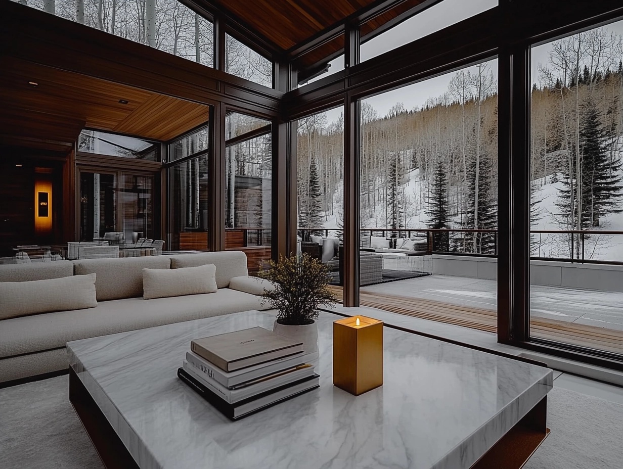 beautifully styled marble coffee table in a luxury Park City, Utah, home. Stacked design books, a gold-accented candle, and a small potted plant sit elegantly on the table. The surrounding living room features a plush beige sofa with textured throw pillows, natural wood accents, and soft ambient lighting. The scene is bathed in natural light from large floor-to-ceiling windows, capturing the essence of mountain luxury