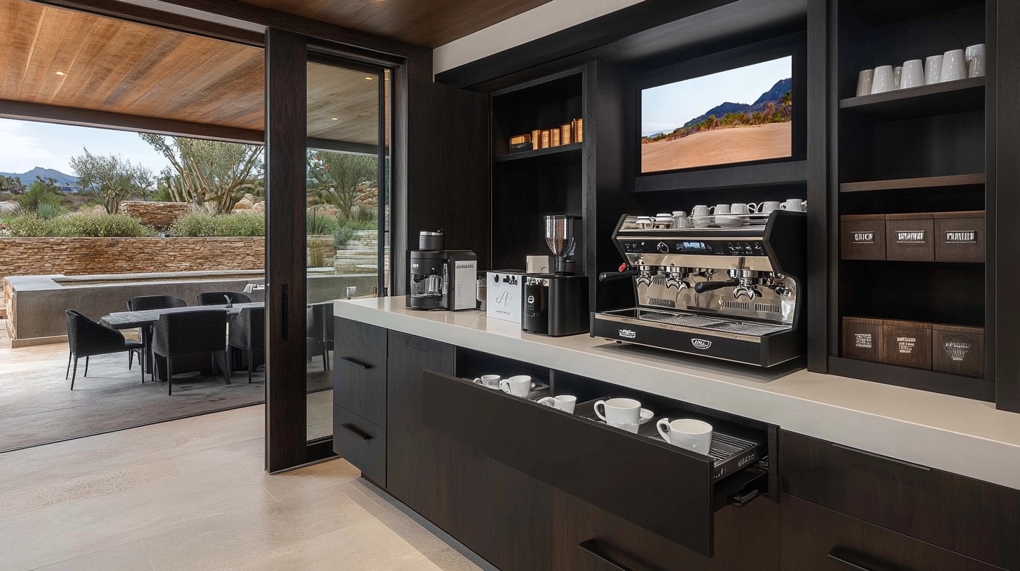 Coffee bar integrated under kitchen cabinets