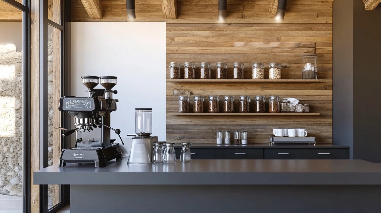 Reclaimed wood coffee bar with mason jars and vintage grinder