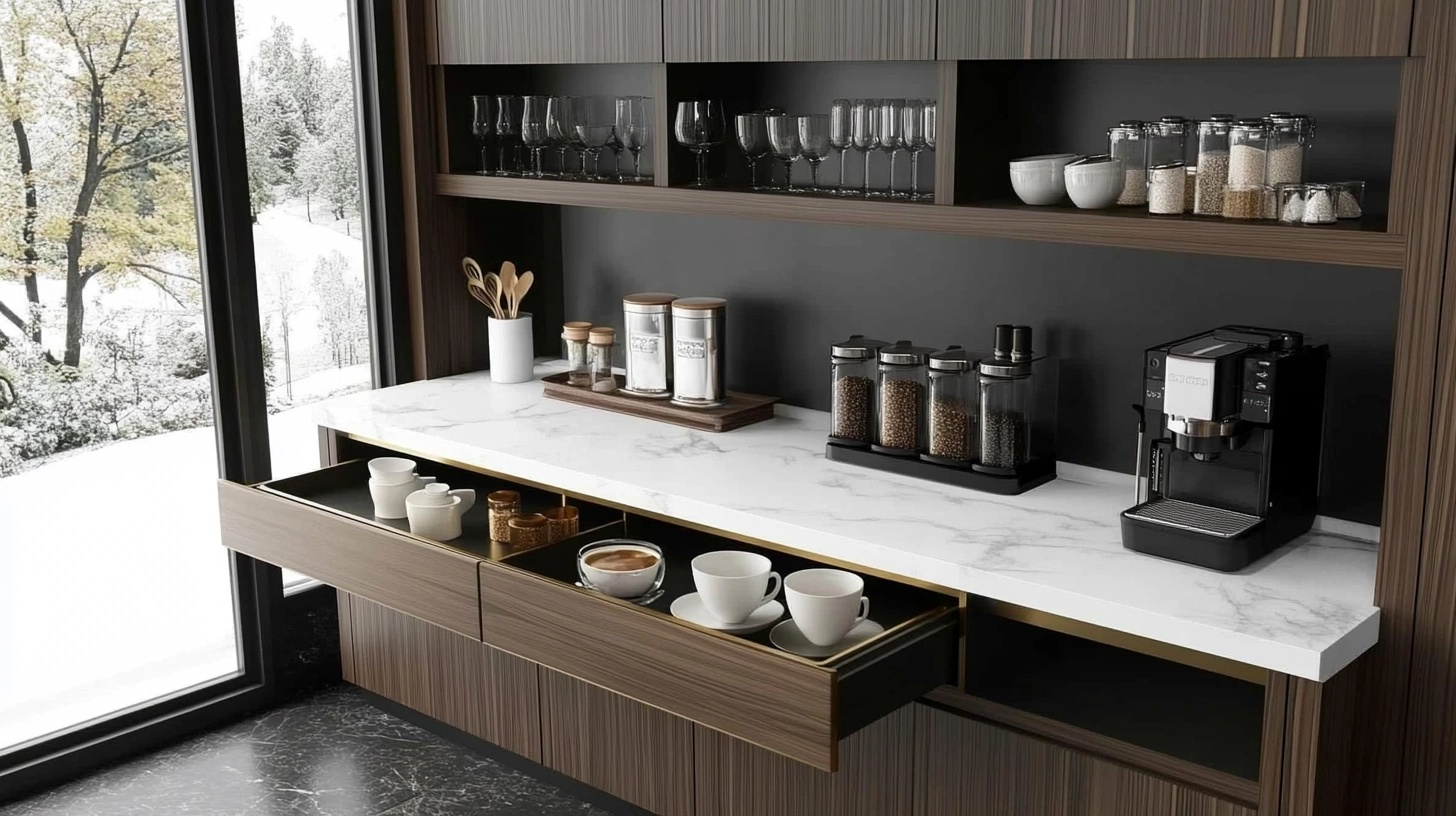 Coffee bar with a decorative tile backsplash