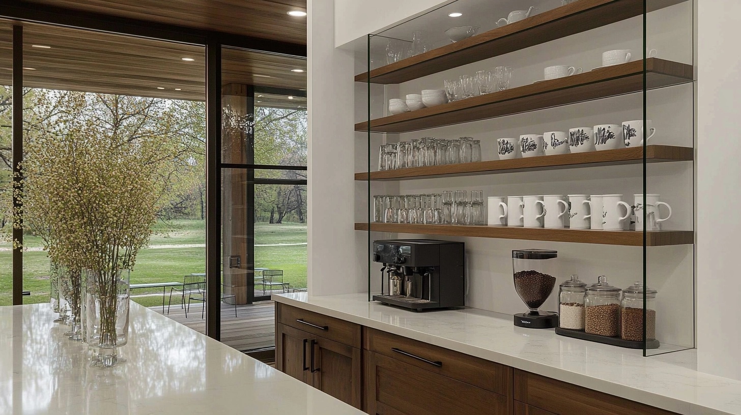 Coffee bar featuring dark wood cabinetry with accent lighting