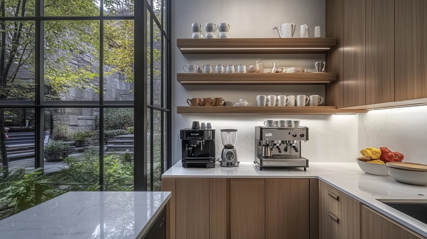 Coffee bar concealed behind cabinet doors