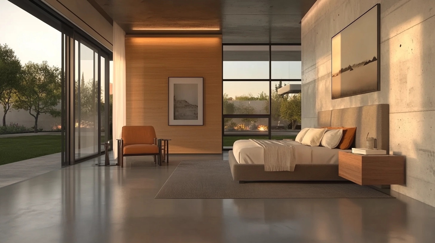 Modern minimalist bedroom with burnt orange chair