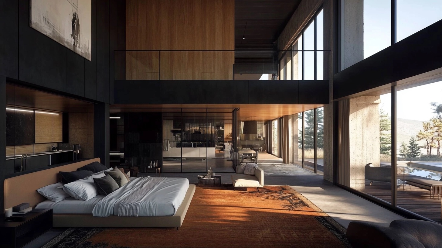 Bedroom with a burnt orange rug