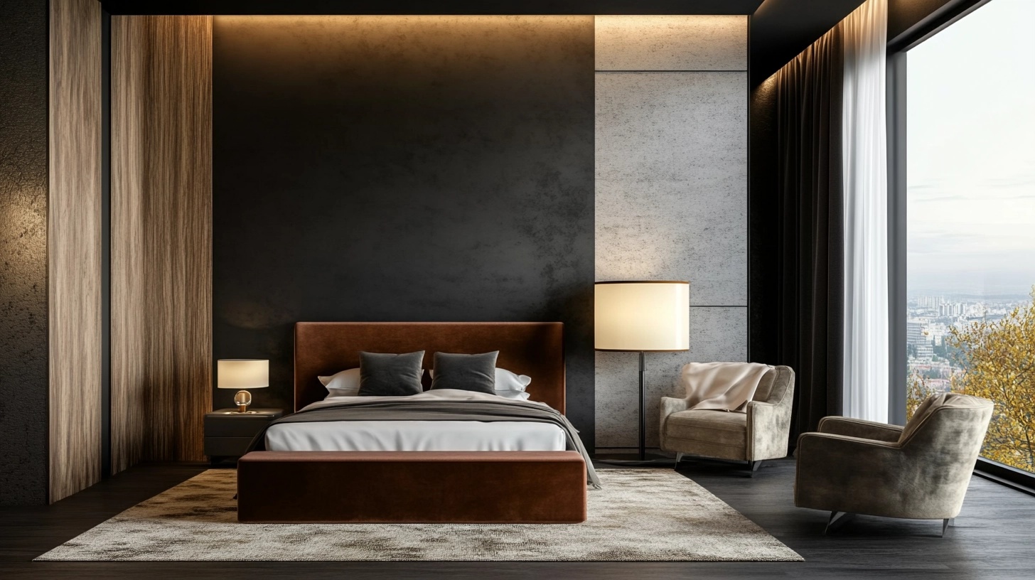 Bedroom with burnt orange and dark grey decor