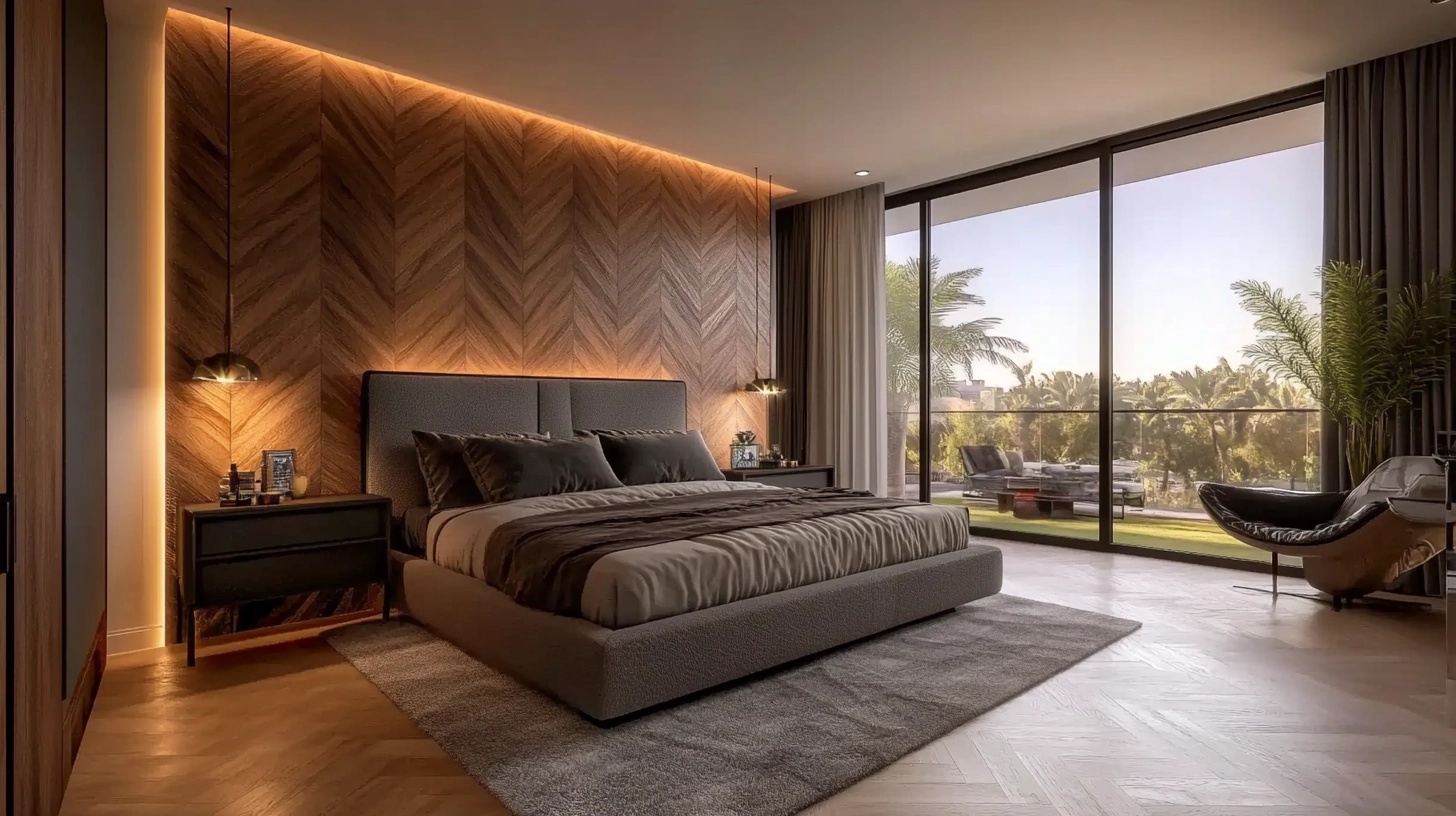 Bedroom with wood paneling and subtle lighting