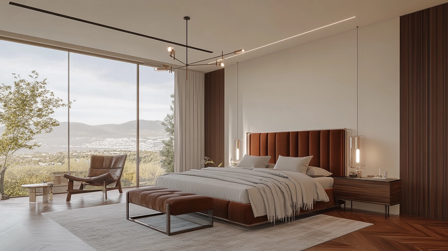 Burnt orange velvet headboard in bedroom