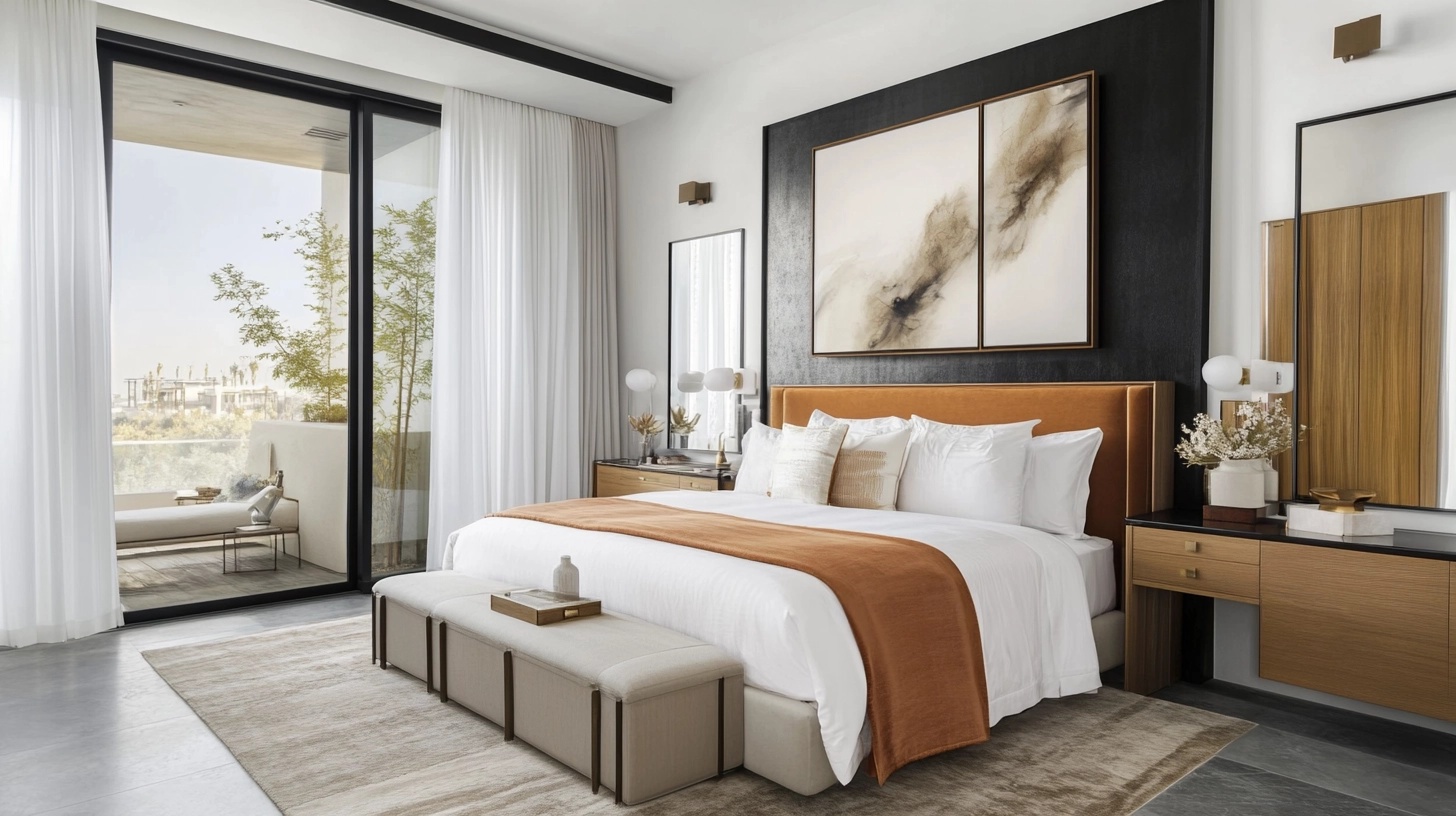 Bedroom with a burnt orange headboard and accent wall