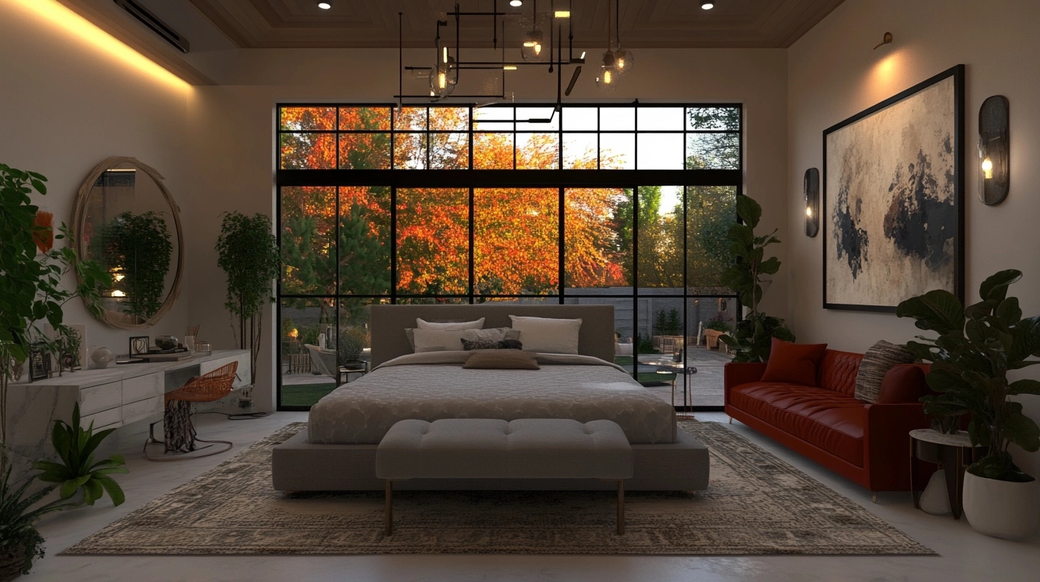 Bedroom with diverse textures and a burnt-orange sofa