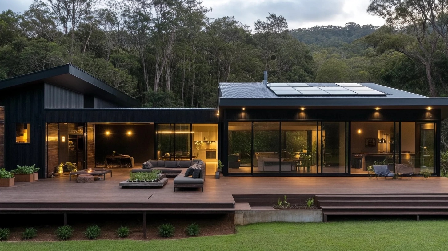 Modern farmhouse exterior with dark cladding and large windows