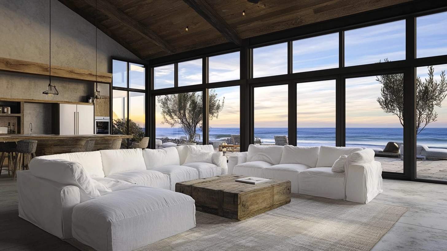 Coastal country living room with ocean views