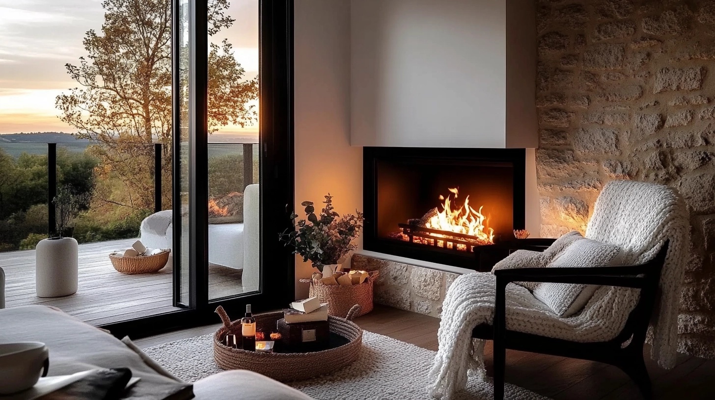 Cozy fireplace nook with armchair, fire, and stone surround.