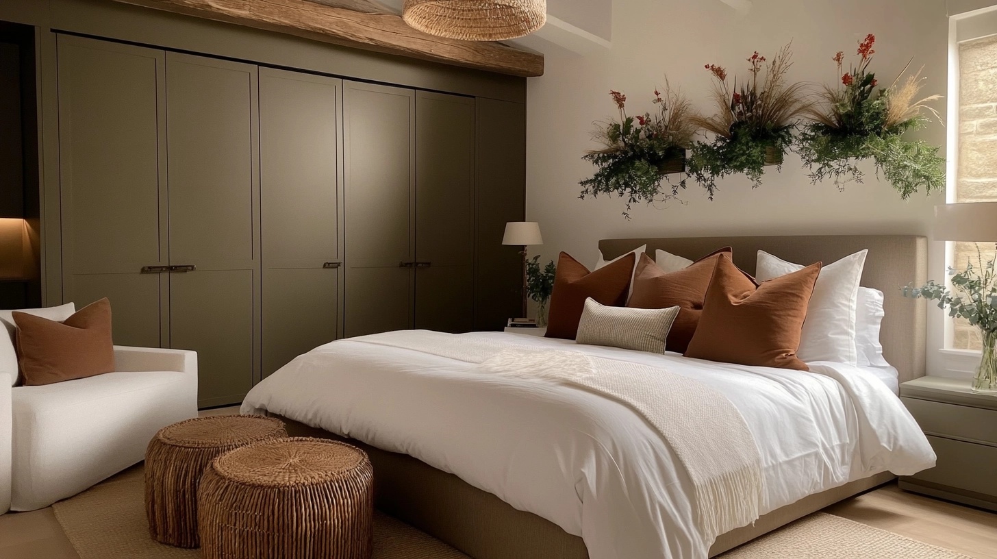 Bedroom with warm colors and cozy textiles.