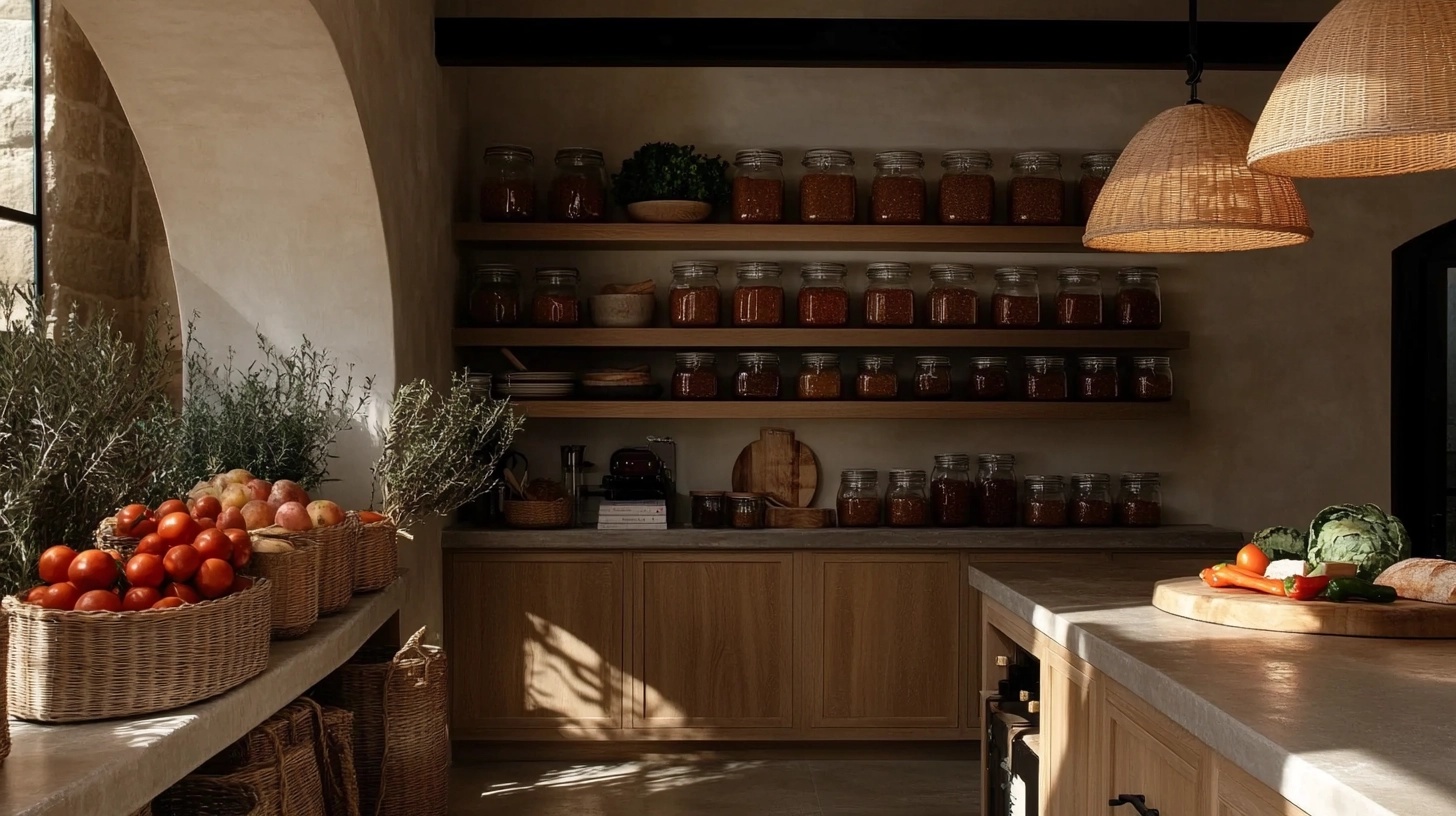 Well-stocked pantry with jars of preserves and fresh produce.