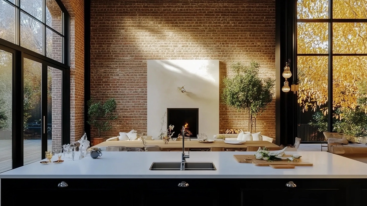 Modern English countryside interior with exposed brick and industrial lighting.