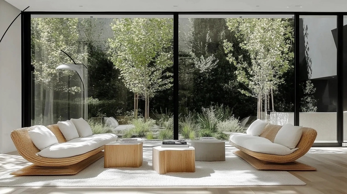 Light and airy living room with large windows overlooking a garden.