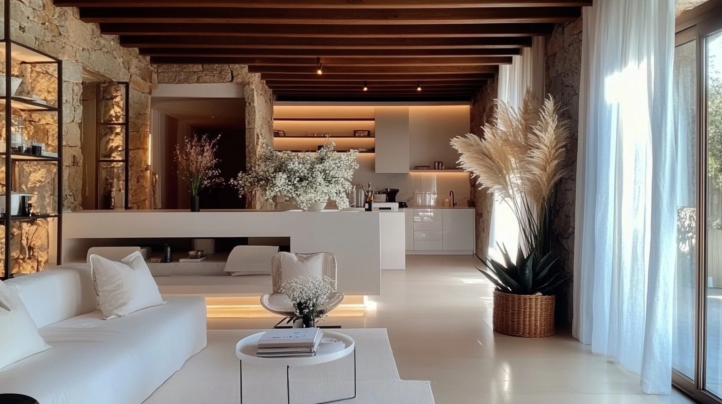 Farmhouse interior with exposed stone walls and rustic wooden beams.