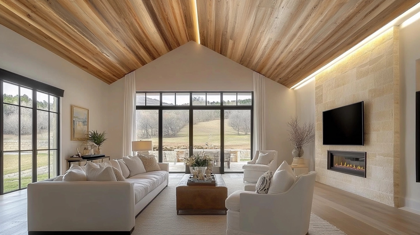 Living room with rustic wood beams on the ceiling.