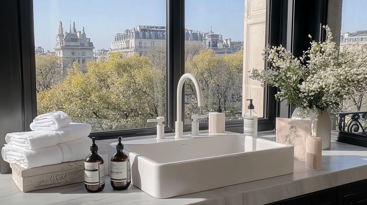 Close-up of a white farmhouse sink with vintage-style faucets, installed in a French country kitchen.