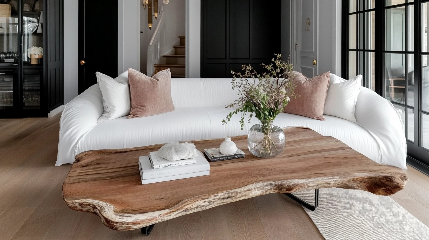 Distressed wooden coffee table in a French country living room.