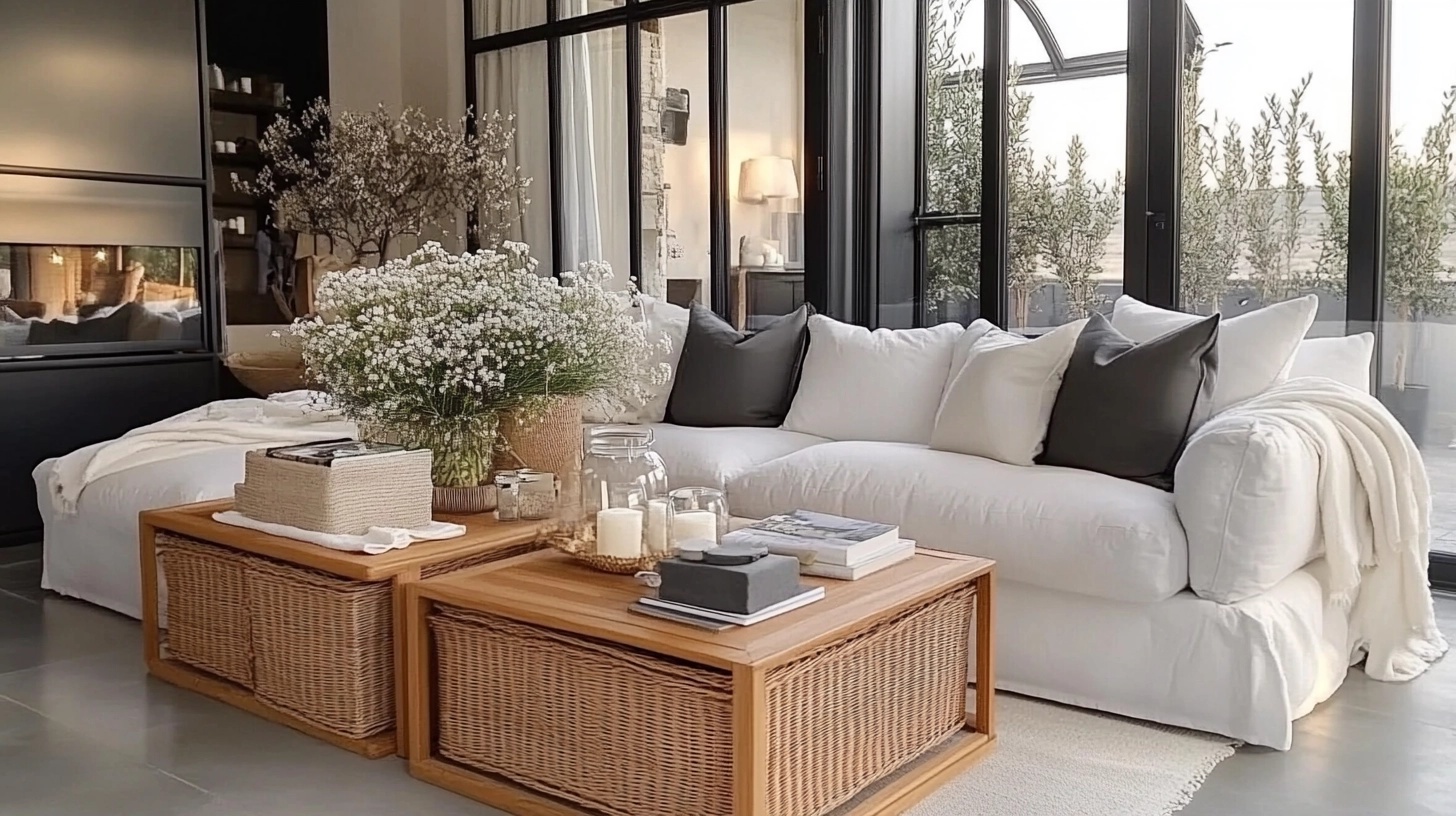 Woven baskets of various sizes used for storage and decoration in a French country style living room.