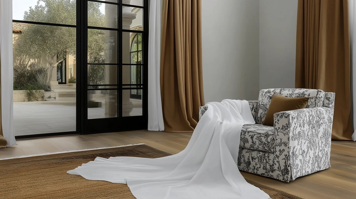 Linen curtains and a toile-patterned armchair in a French country living room.