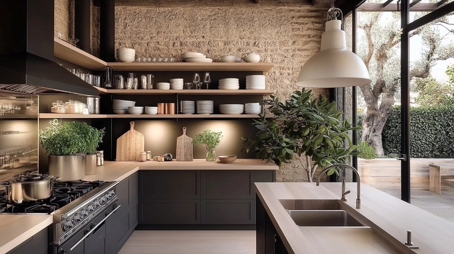 Cozy French country kitchen with farmhouse sink and open shelving.