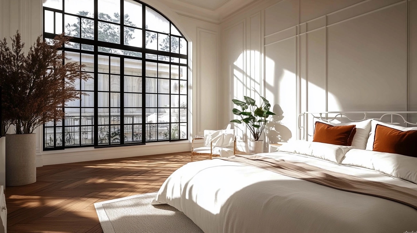 Serene French country bedroom with white iron bed frame.