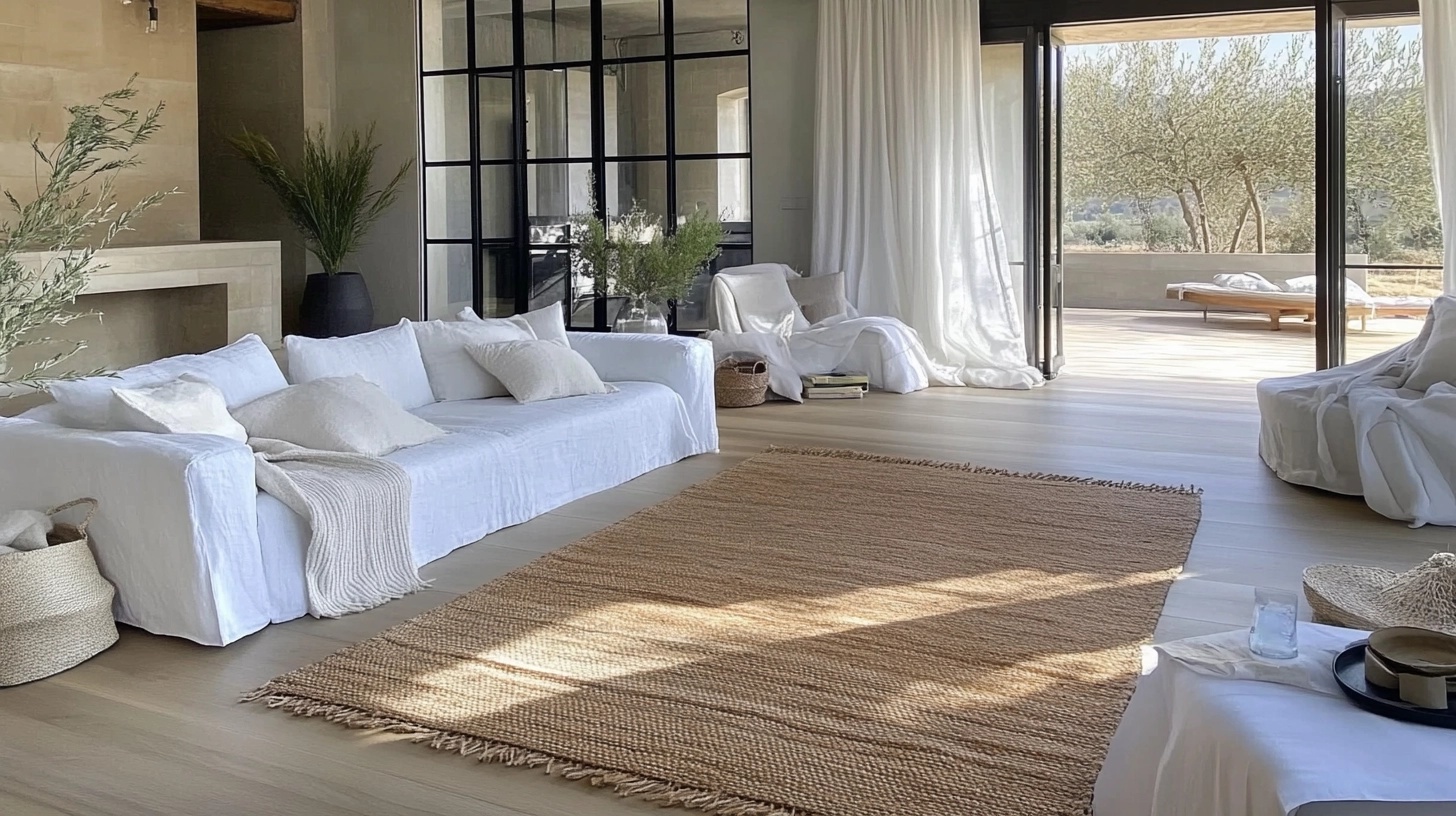 Close-up view of layered textures in a French country living room, including a linen sofa, a woven rug, and a knitted throw blanket.