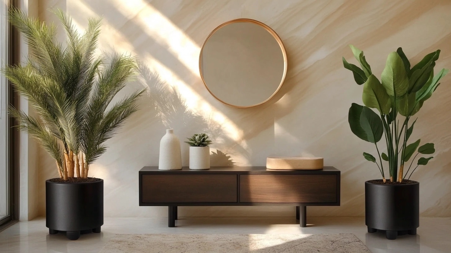 Living room with gold-framed circular mirror and neutral tones.