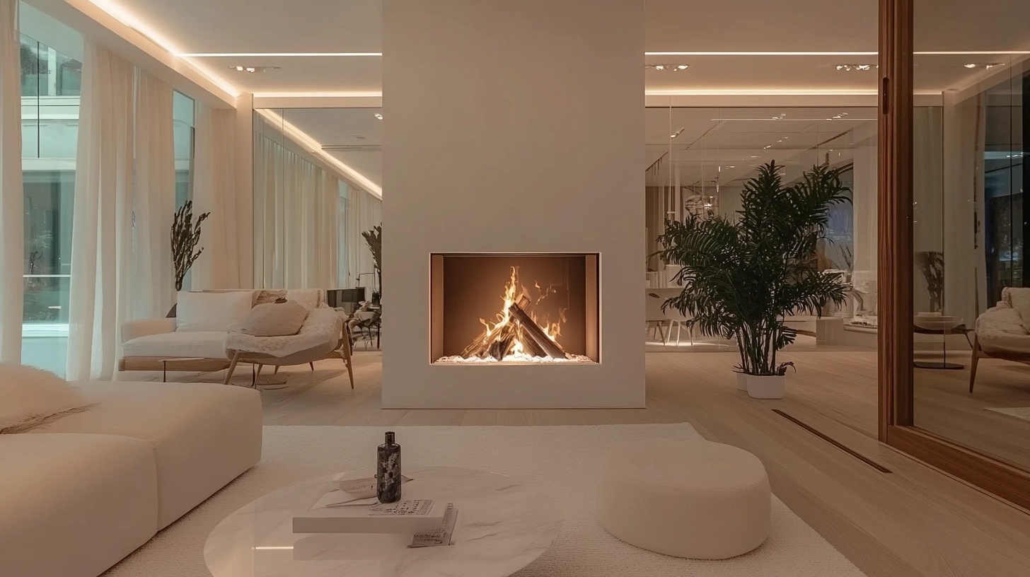 Living room with a sleek, white minimalist fireplace.