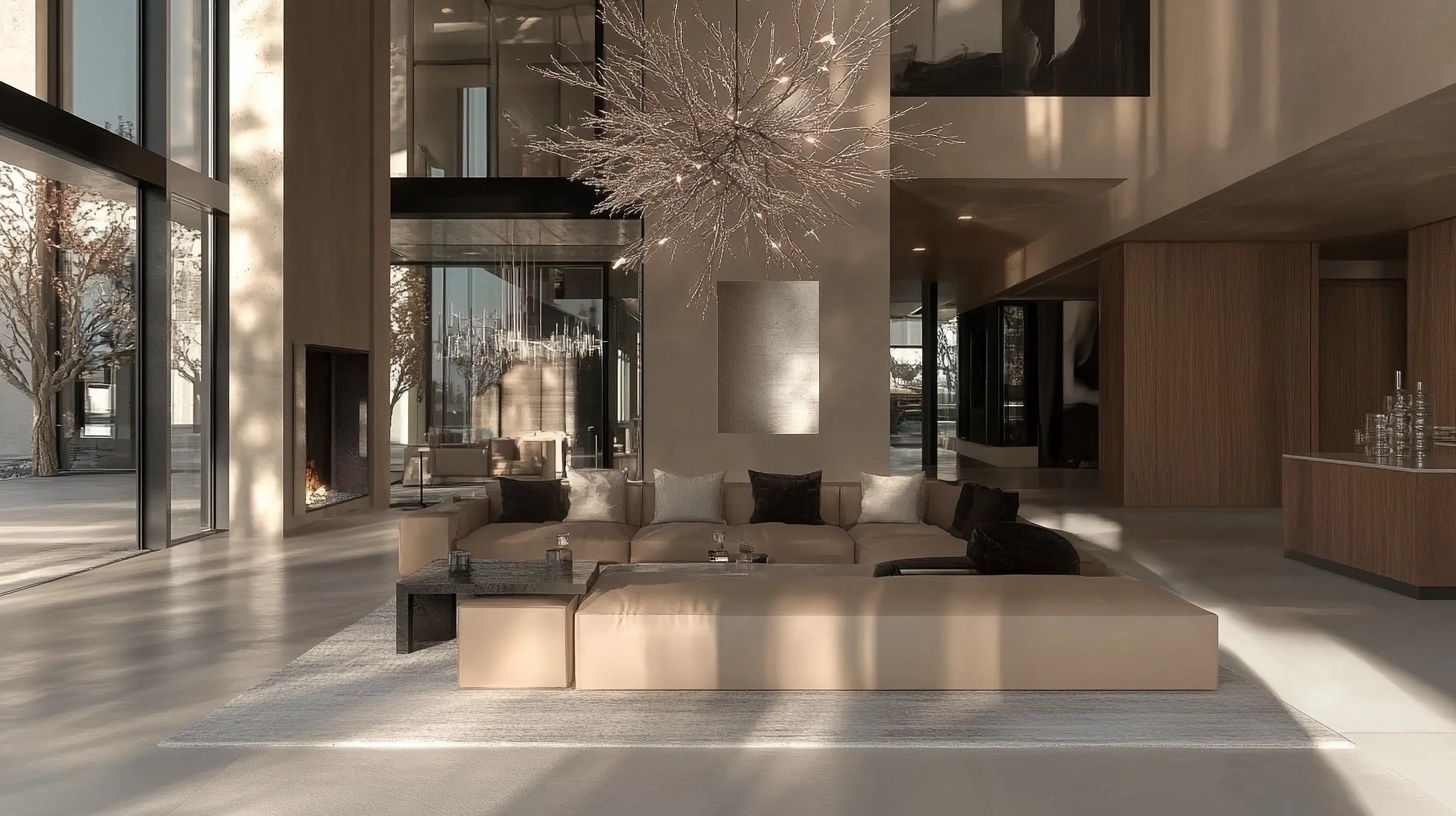 Modern chic living room with a large, sculptural silver chandelier.