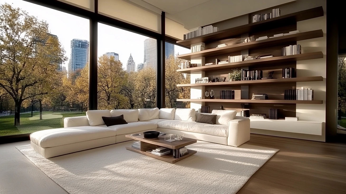 Living room with long, floating shelves displaying books.