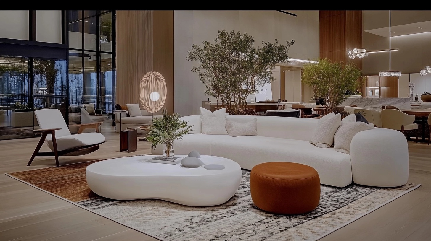 Modern living room with a white, organically shaped coffee table.