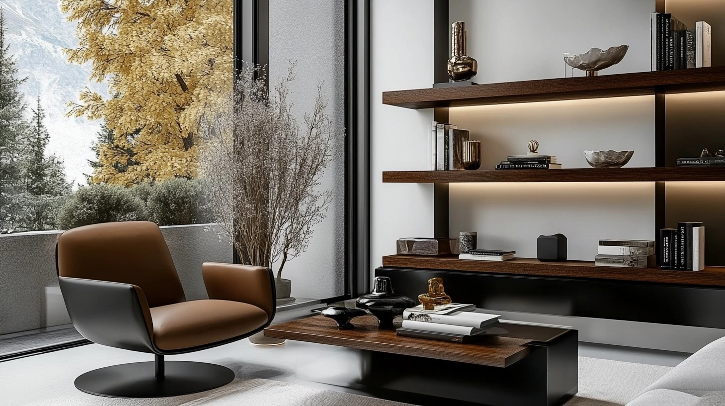 Living room with built-in shelves displaying books and decorative objects.