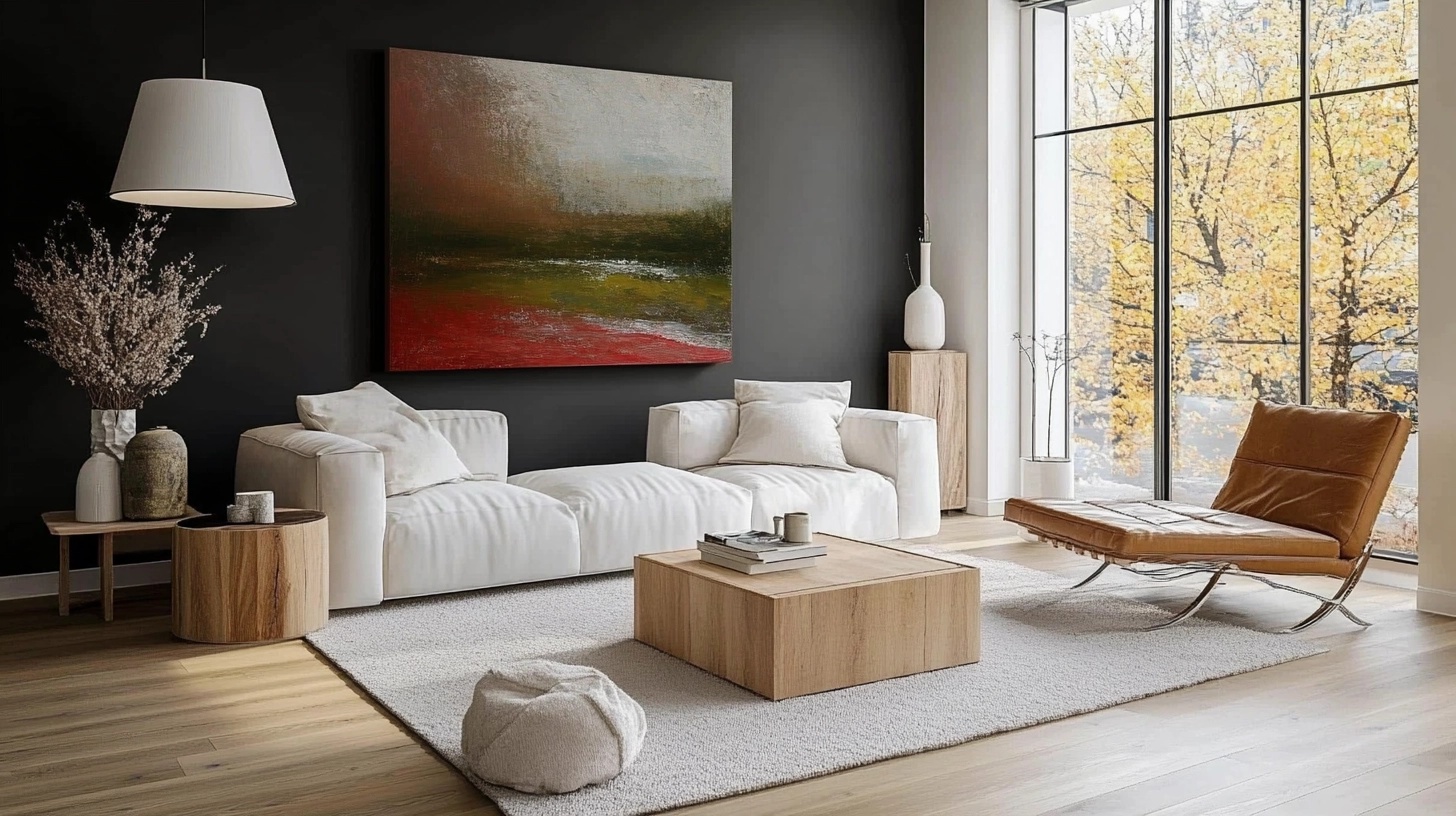 Modern chic living room with white sofas, dark wall, and colorful abstract art.