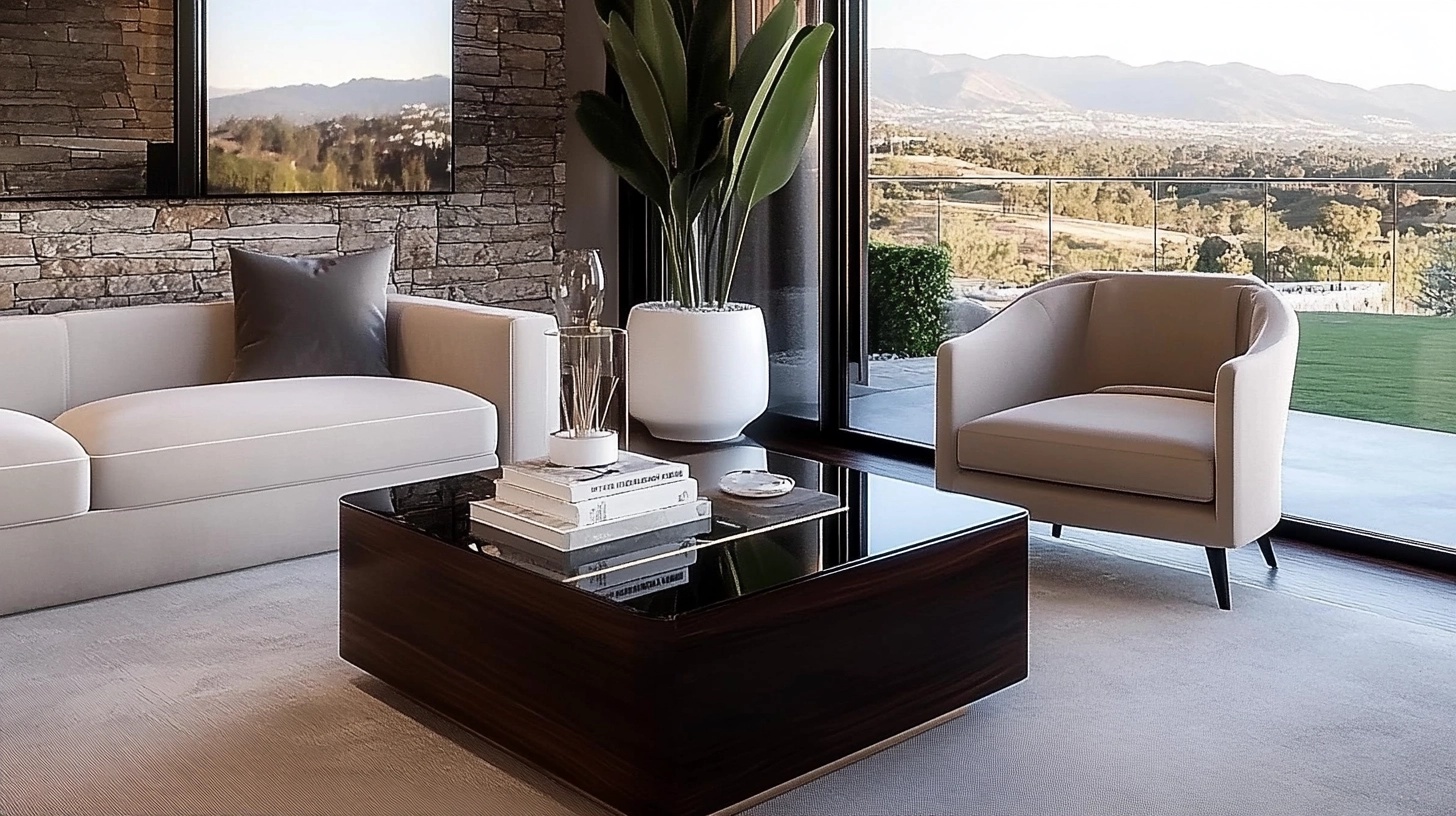 Living room with a glass coffee table.