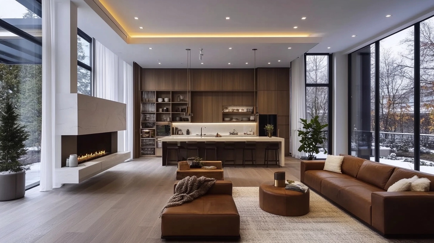 Living room showing a fireplace, shelving, and plants.