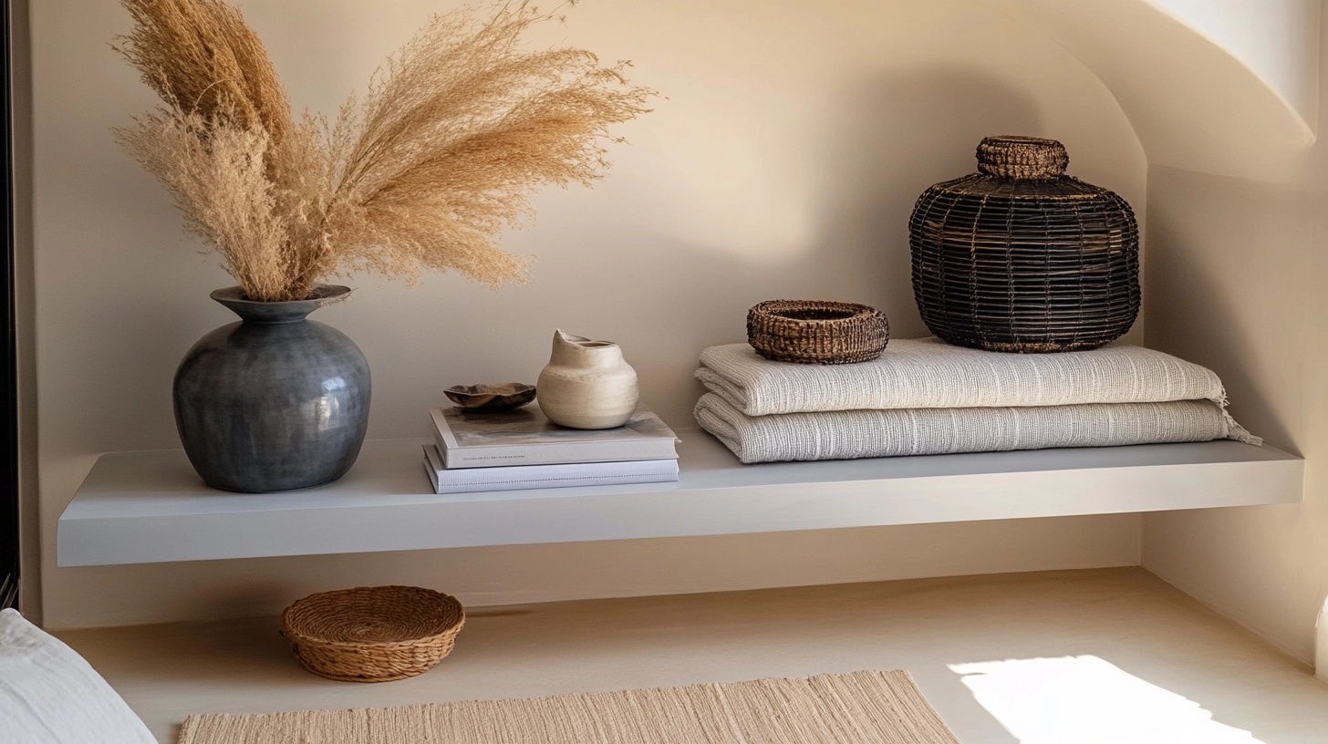 Minimalist decor on a shelf, featuring vases, books, and woven textiles.