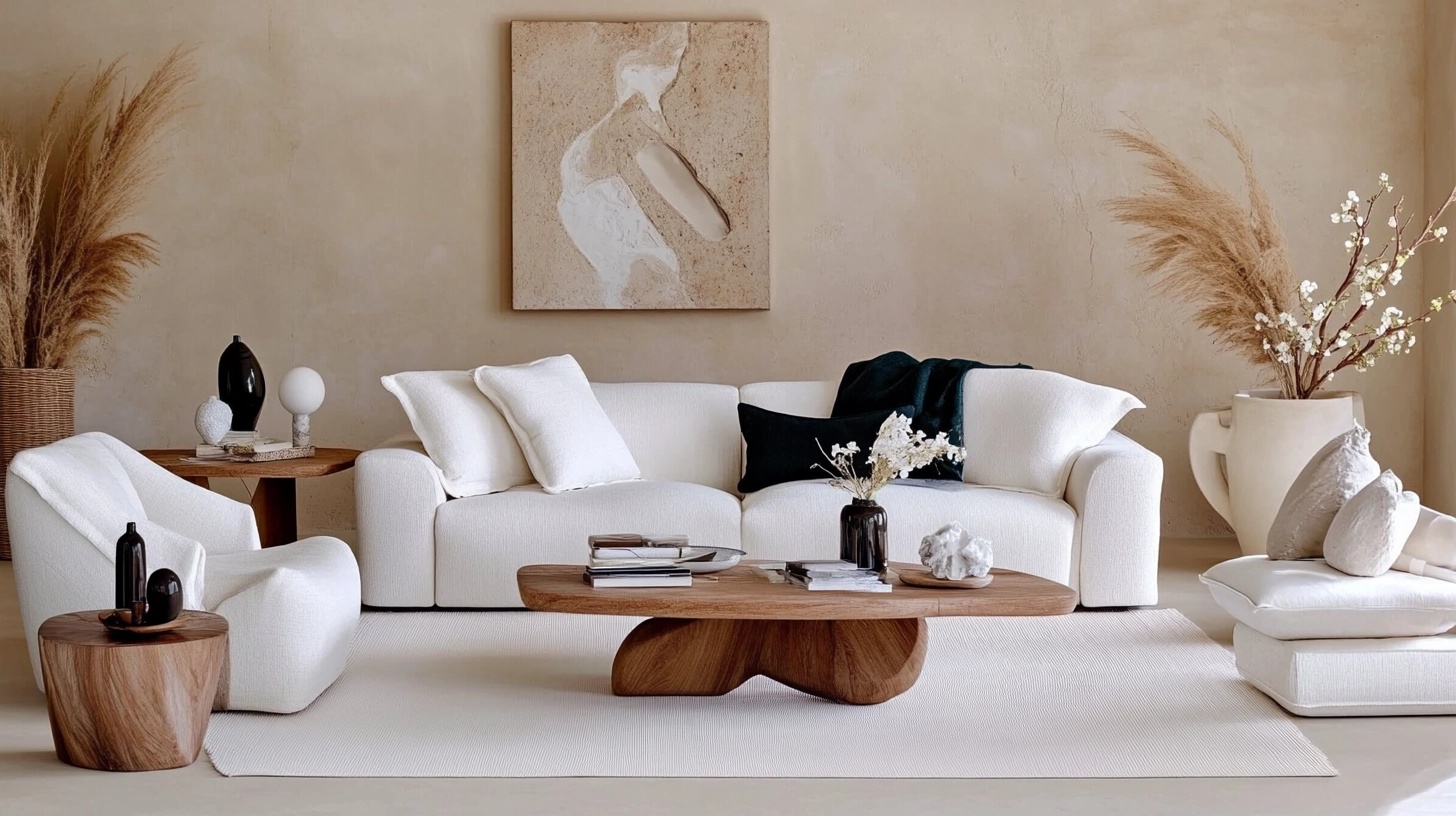 Living room with a vintage wooden chest as a coffee table, alongside modern furniture.