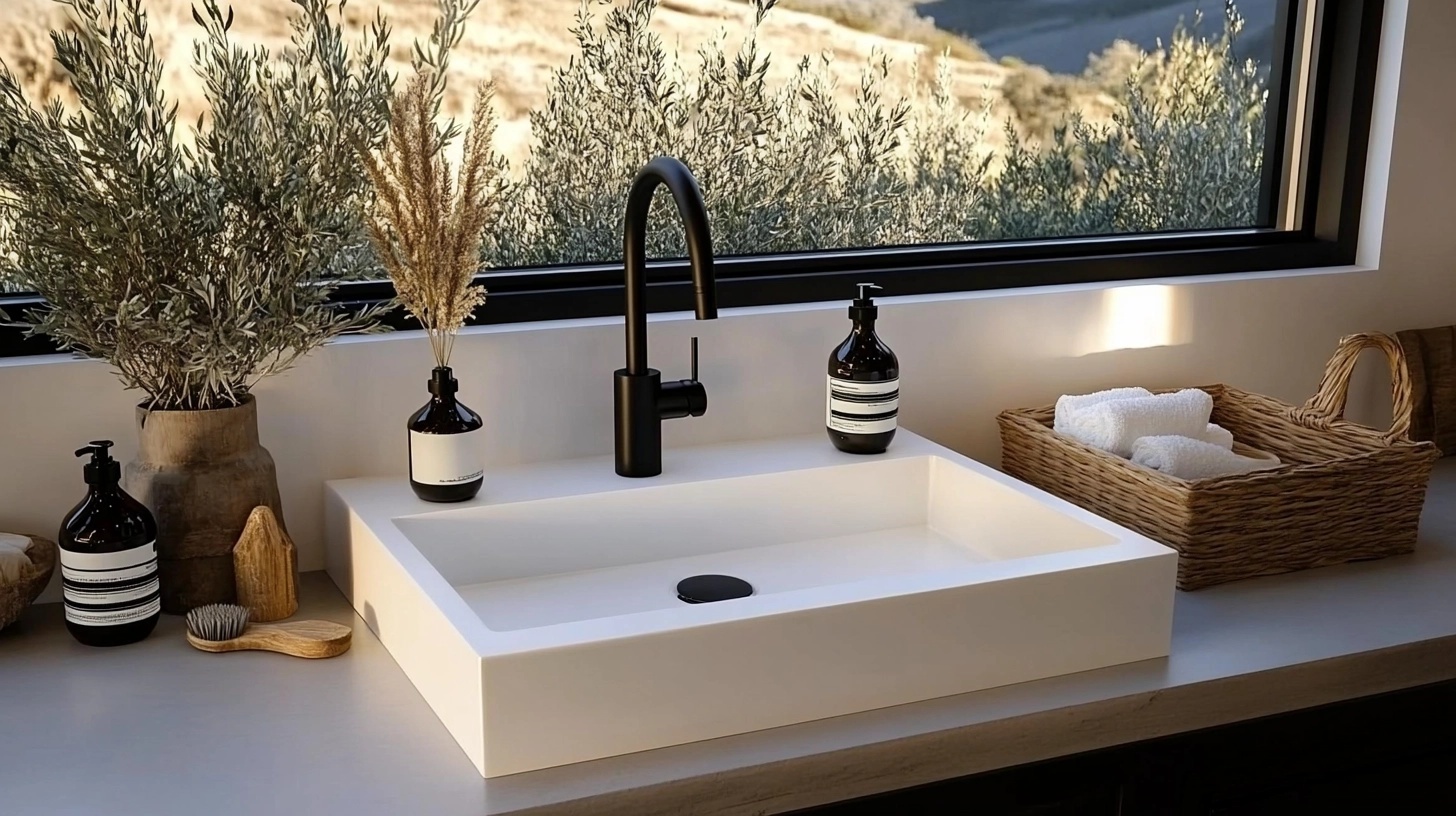 White farmhouse sink with a modern black faucet.