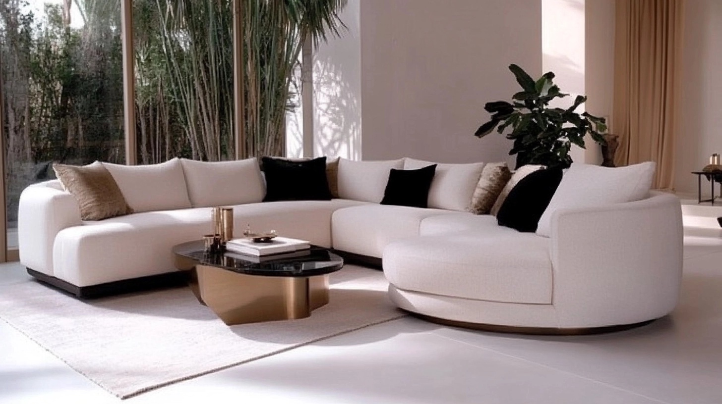 Large white sectional sofa in a modern living room with natural light.