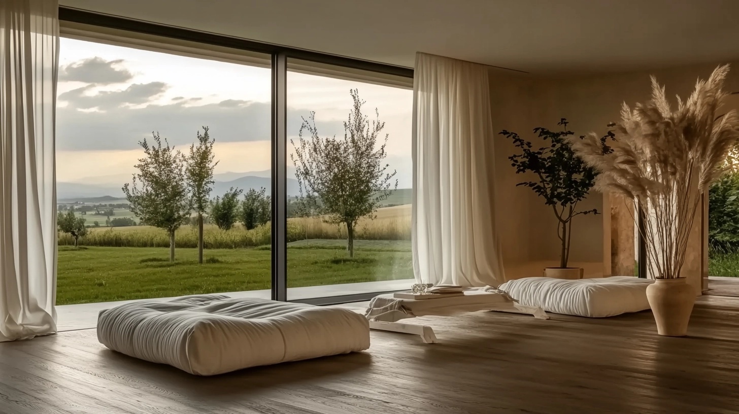 Living room with floor to ceiling windows, showing an open area.