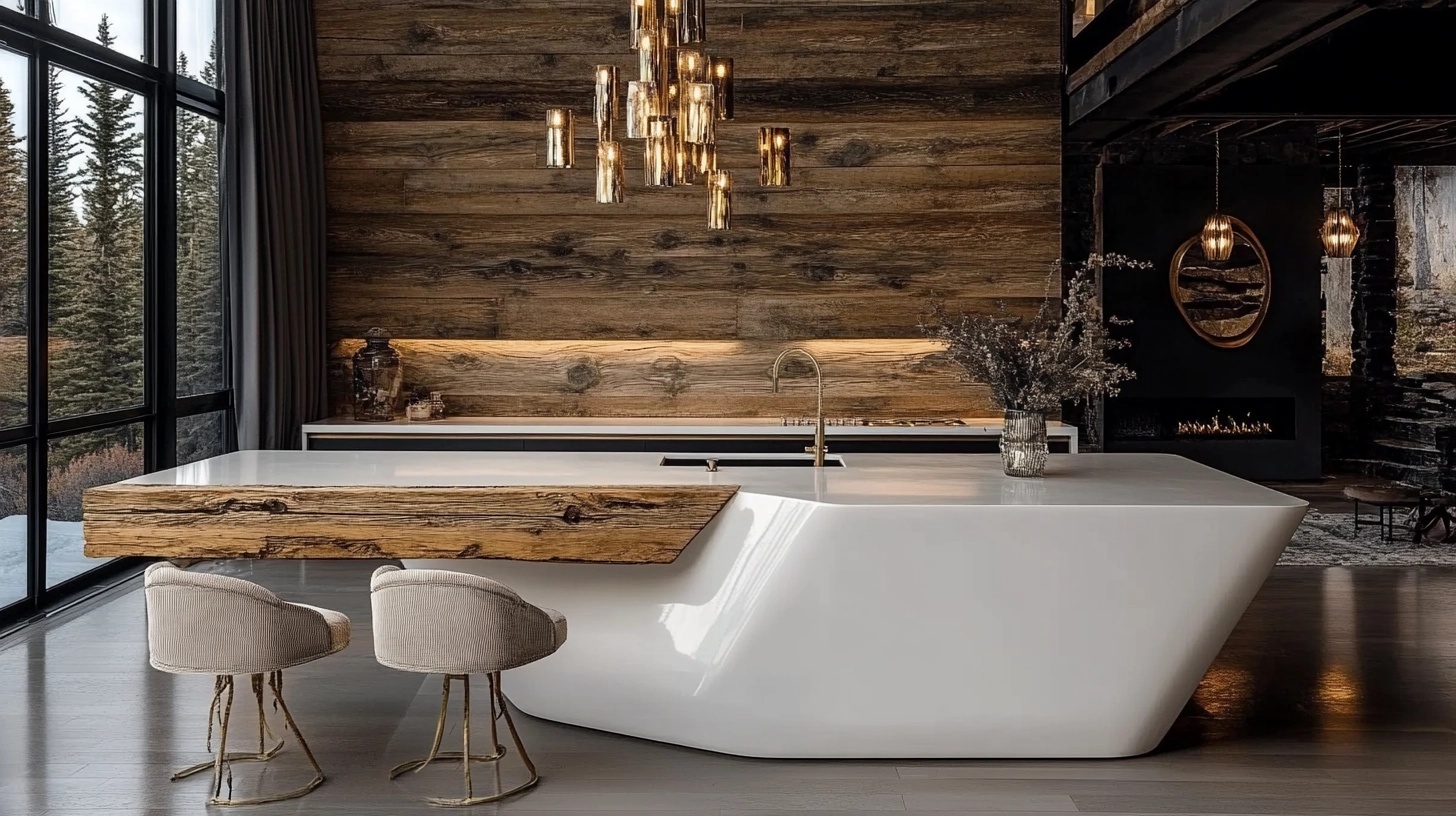 Modern country kitchen with wood wall accents, metal chairs, and a white island.